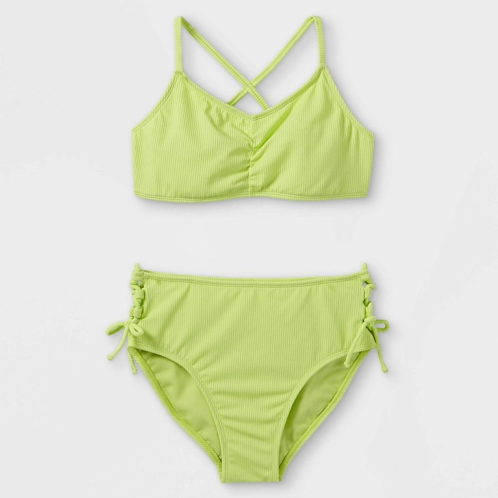 Art Class Girls' Straps Tankini Top Ribbed Two-Piece Bikini Yellow S (6/6X) NWT